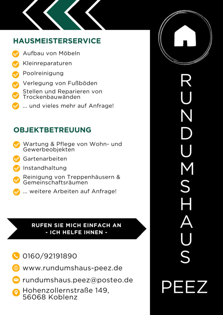 RundumsHaus Peez ist die Firma
Hausmeisterservice in Koblenz
Objektbetreuung Gartenarbeit Kleinreparaturen